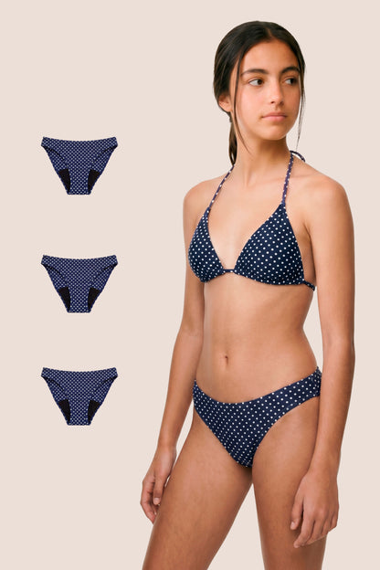 Bikini Menstrual Niña Blue polka dot Clasico Pack 3 